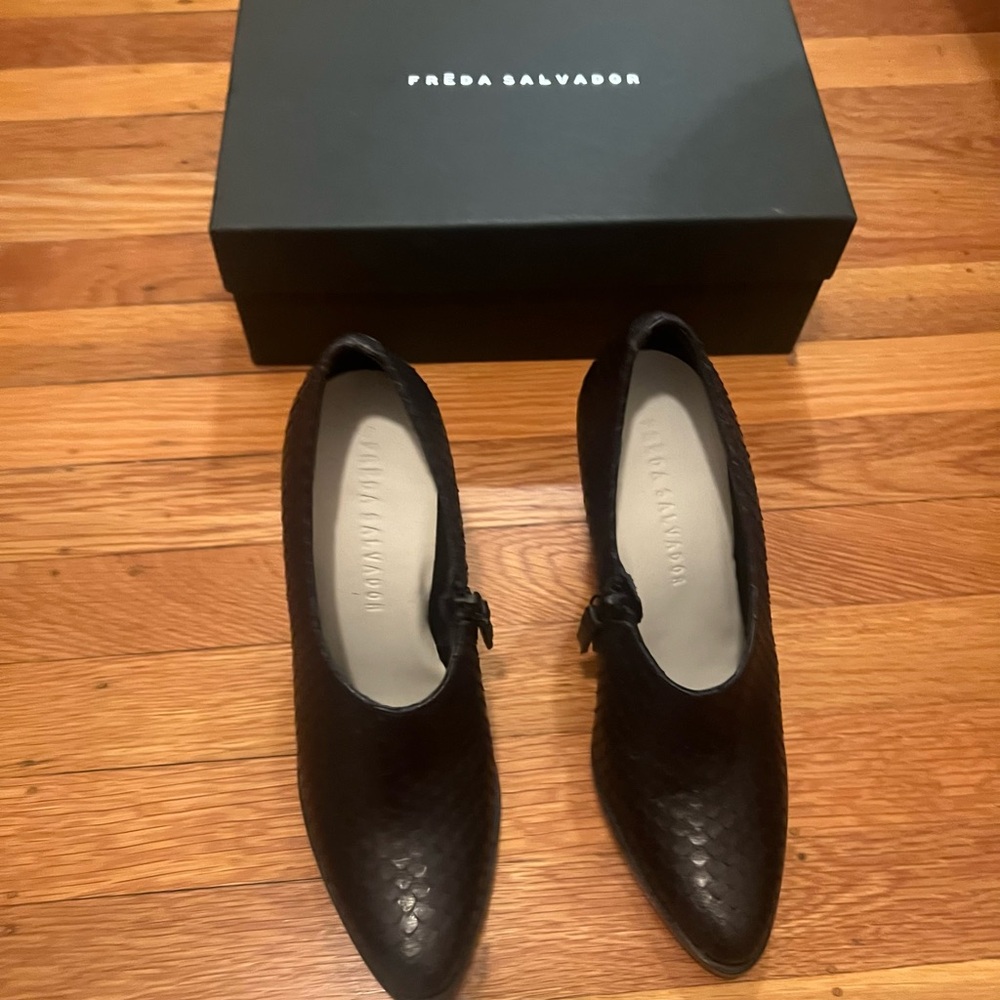 FRĒDA SALVADOR black embossed croc pumps/booties.